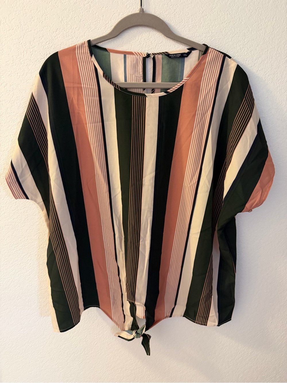 SHEIN Striped Tie-Hem Blouse - Green, Cream & Peach